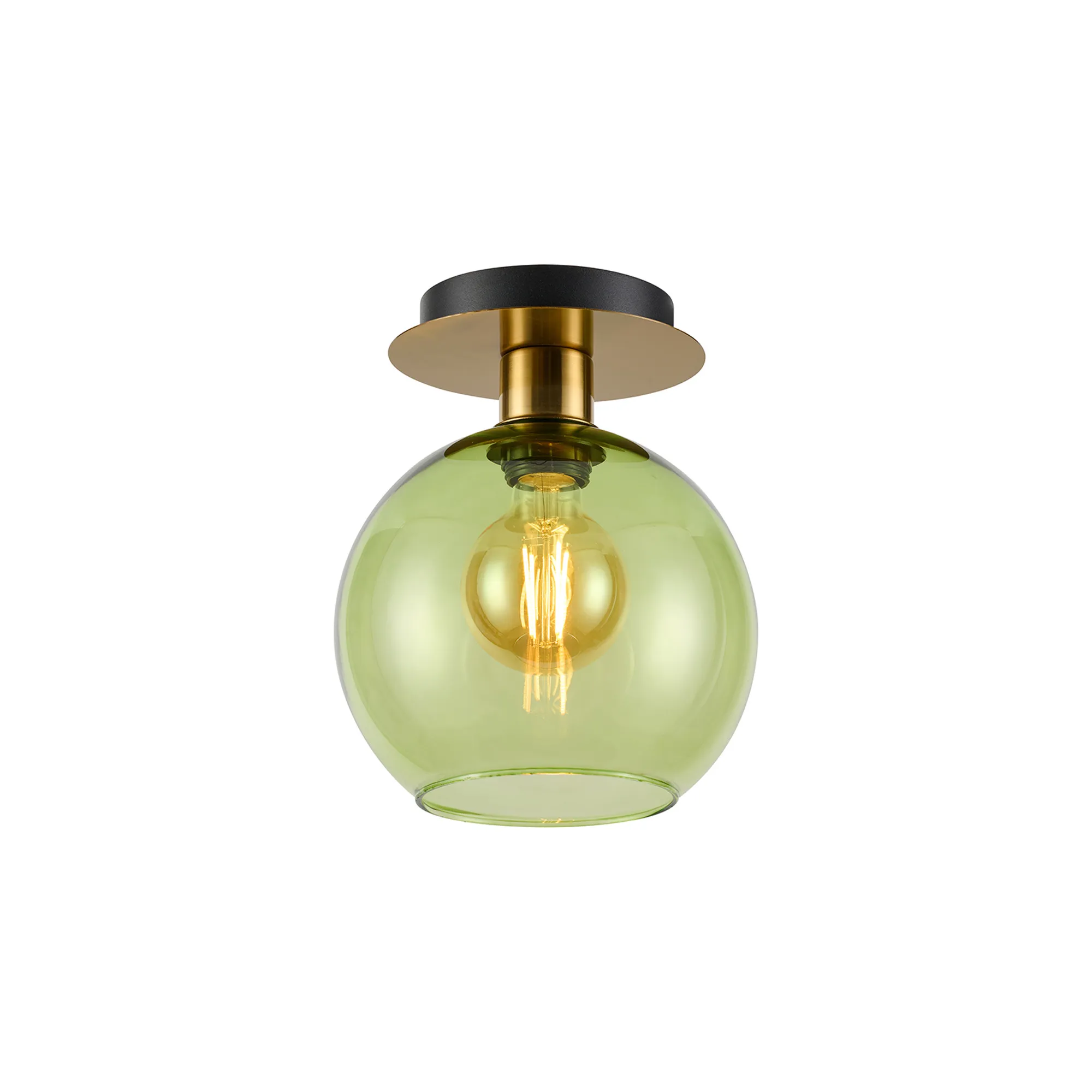 DK1239  Lori 15cm Round Ceiling Flush, 1 Light Flush Fitting E27, Antique Gold/Green Open Mouth Round Globe Shades